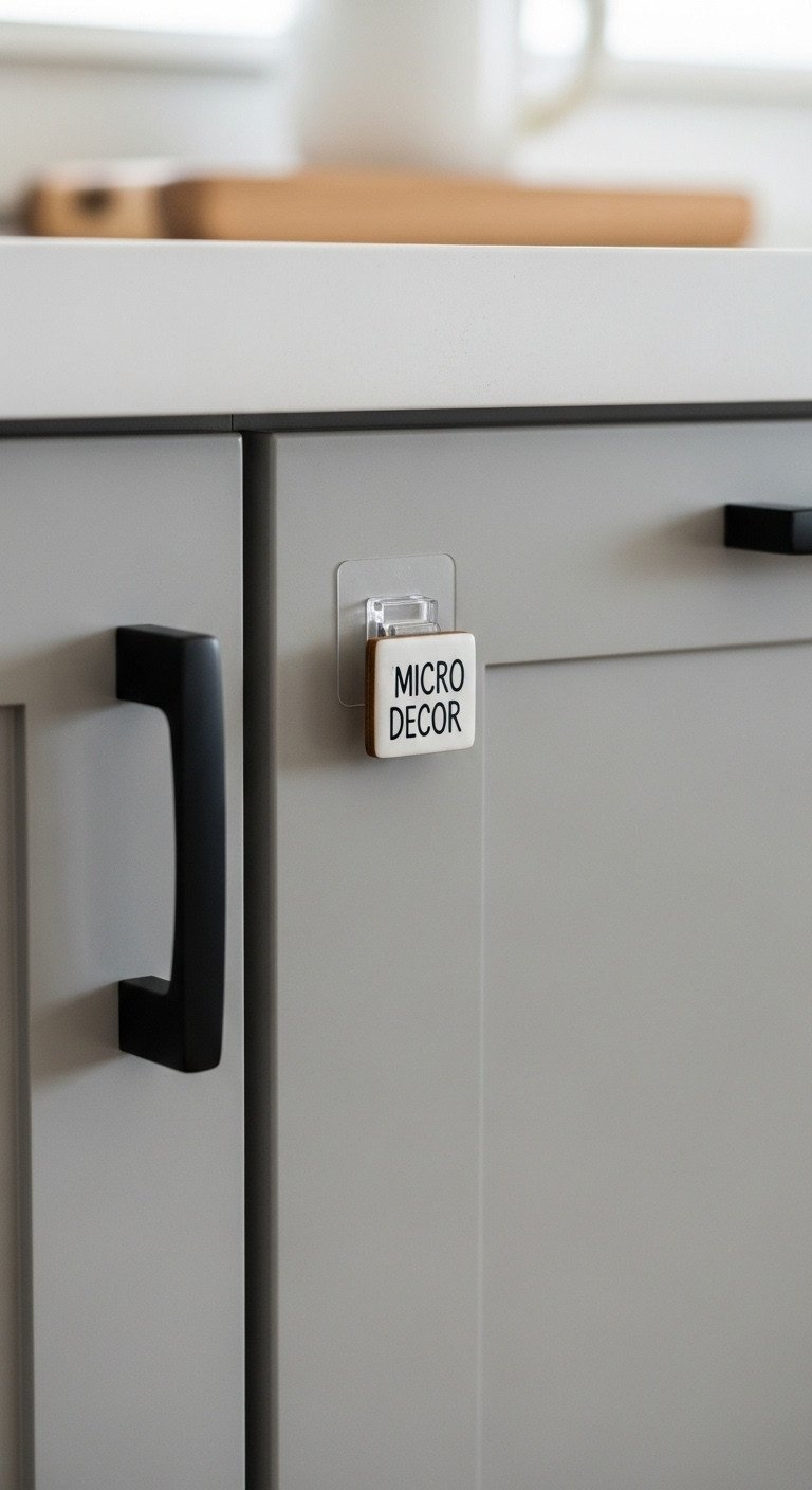 Minimalist wooden micro-decor sign attached with clear adhesive clip to a modern light-colored kitchen cabinet, elegant accent.