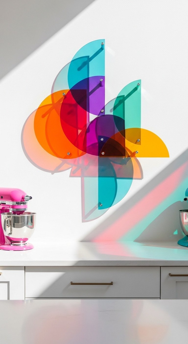 Modern 3D wall art made of layered, colorful translucent acrylic shapes casts vibrant shadows on a white kitchen wall.