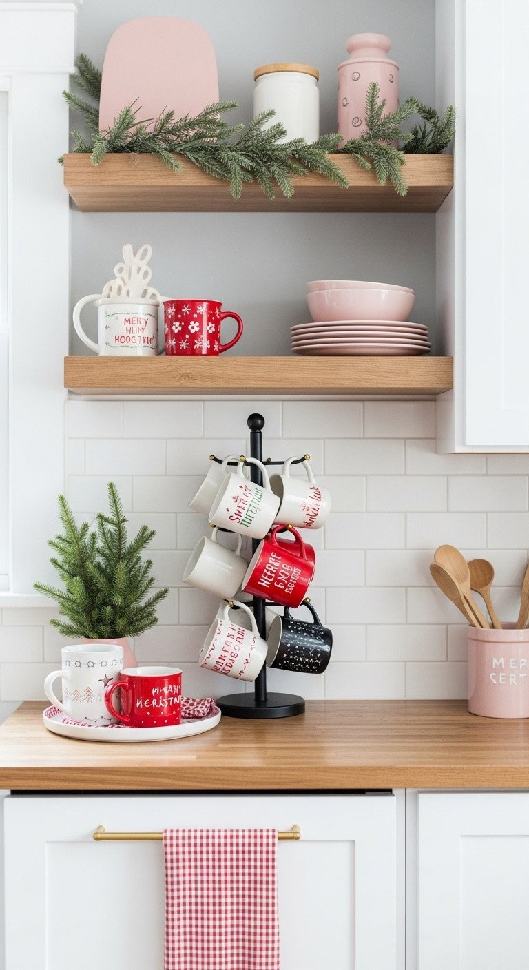 Modern Christmas kitchen featuring a wall-mounted mug rack displaying festive red and white mugs with garland decor.