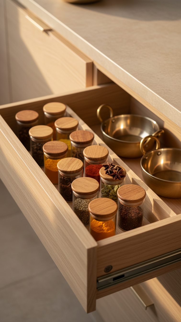 Modern Indian kitchen storage: open wooden drawer with partitions, organized spices, masalas, cooking pots. Efficient custom pantry design.