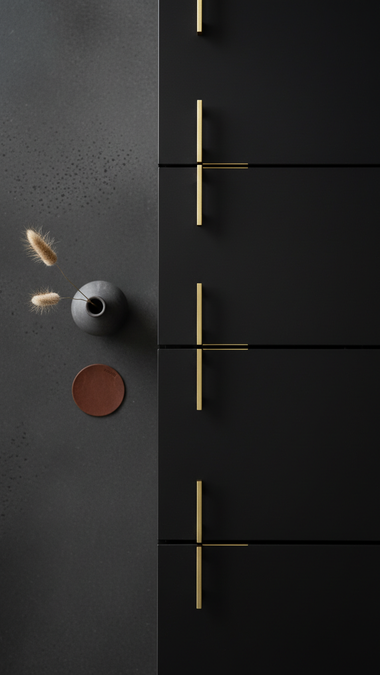 Modern J-shape brass edge pull handles on flat-front matte black cabinetry, a subtle minimalist kitchen hardware accent.
