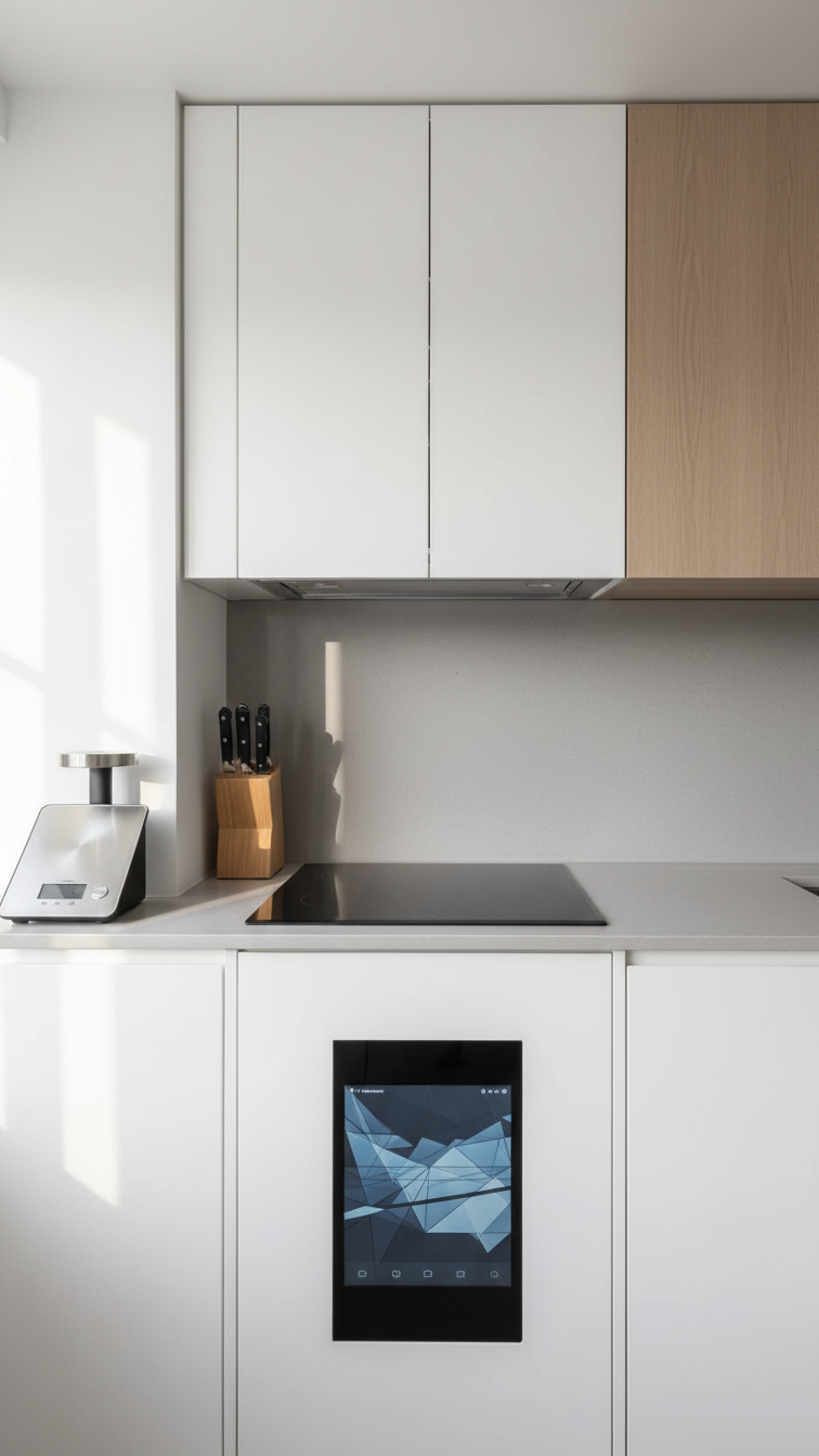 Modern L-shaped kitchen with seamless smart appliance integration: flush induction cooktop and integrated refrigerator with smart display.