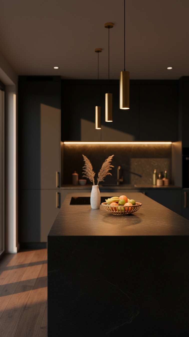 Modern L-shaped kitchen with sophisticated layered lighting: ambient, under-cabinet task, and accent pendants. Warm evening ambiance.