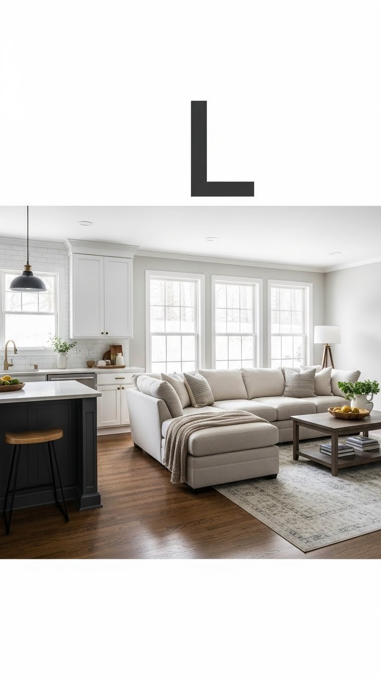 Modern L-shaped open kitchen living room. Sectional sofa, area rug, hardwood. Warm creams, golden browns, slate grays. Cozy, inviting.