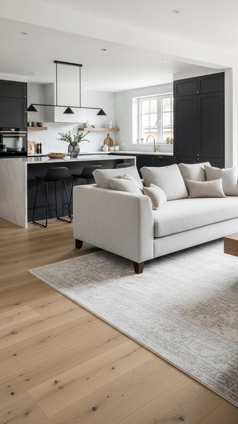 Modern L-shaped open-plan kitchen and living room with dark cabinetry, light sofa, peninsula island, and large area rug. Elegant interior design.