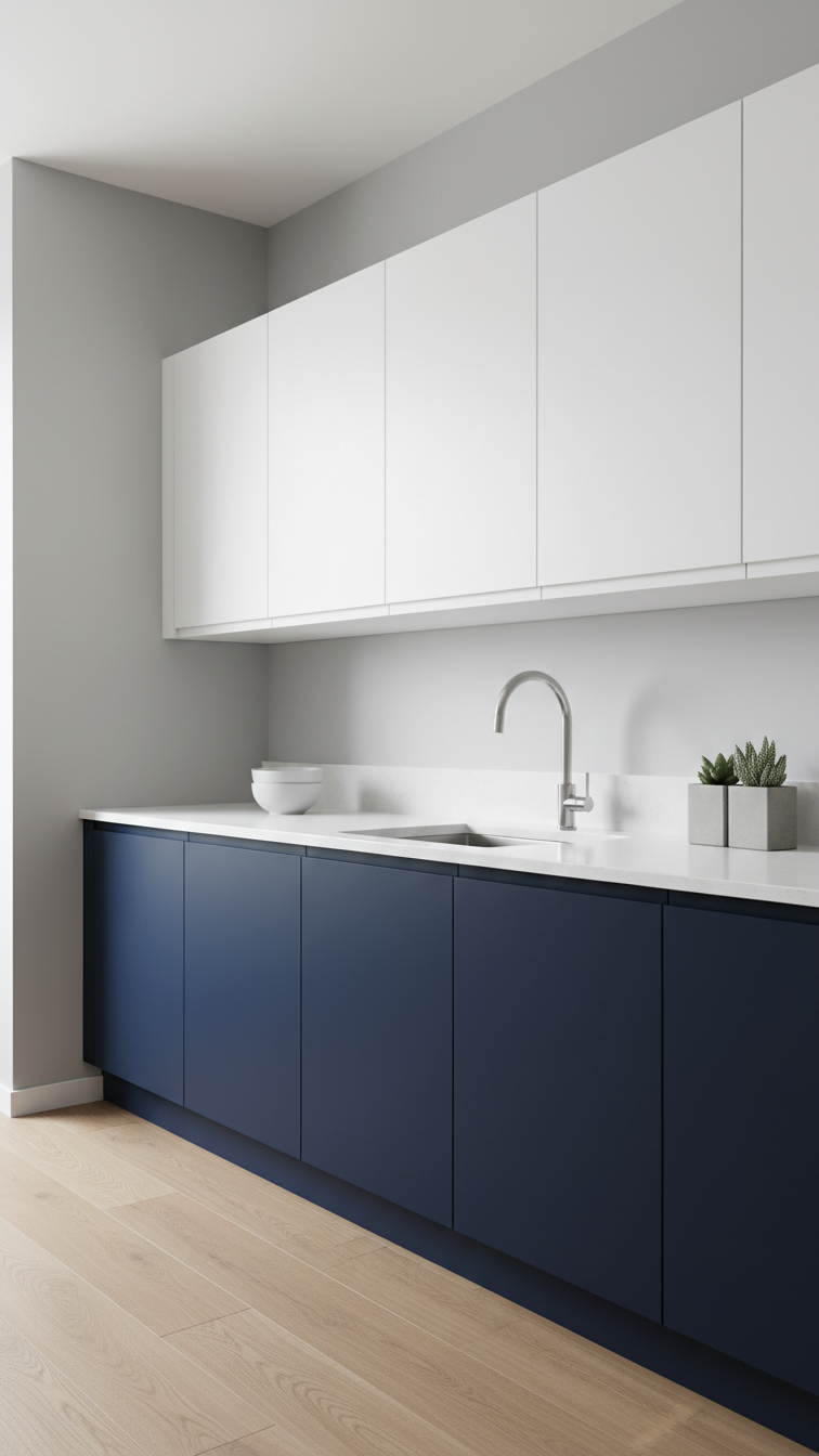 Modern U-shape kitchen features dramatic two-tone cabinetry: dark matte lowers and crisp white seamless uppers.