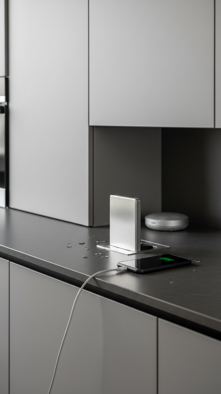 Modern U-shape kitchen featuring integrated smart power hub, pop-up charging station, and hidden voice assistant on quartz.