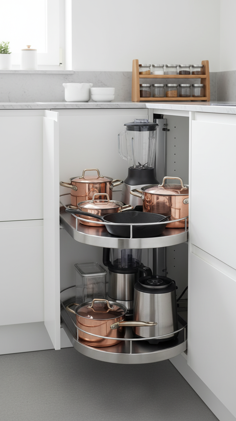 Modern U-shape kitchen with 'Magic Corner' pull-out storage, featuring organized copper pots, pans, and small appliances.
