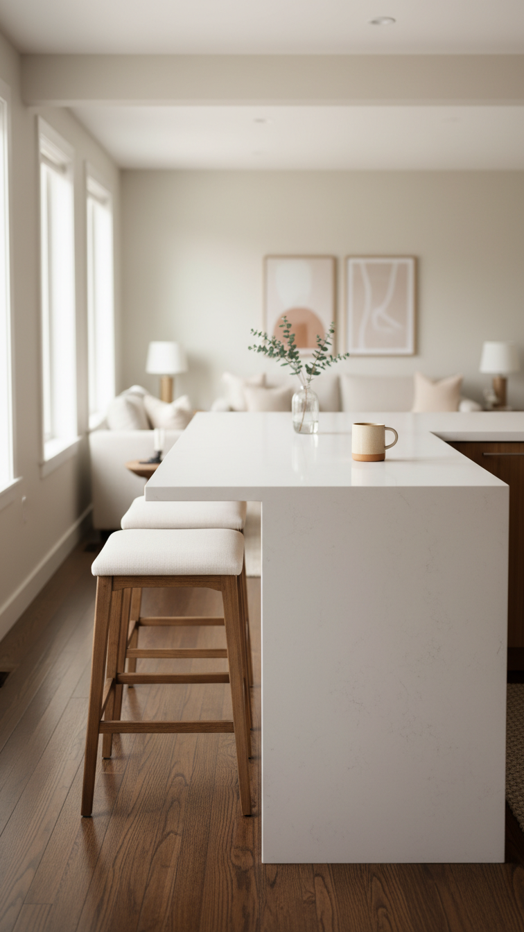 Modern U-shape kitchen with a cantilevered peninsula, white quartz breakfast bar, two minimalist stools, and dark hardwood floor.