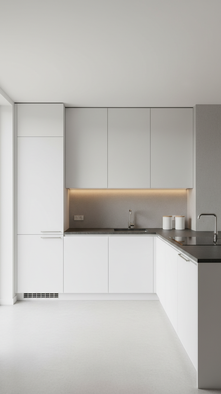Modern U-shape kitchen with seamless integrated refrigerator and dishwasher behind matte white handleless cabinet panels.