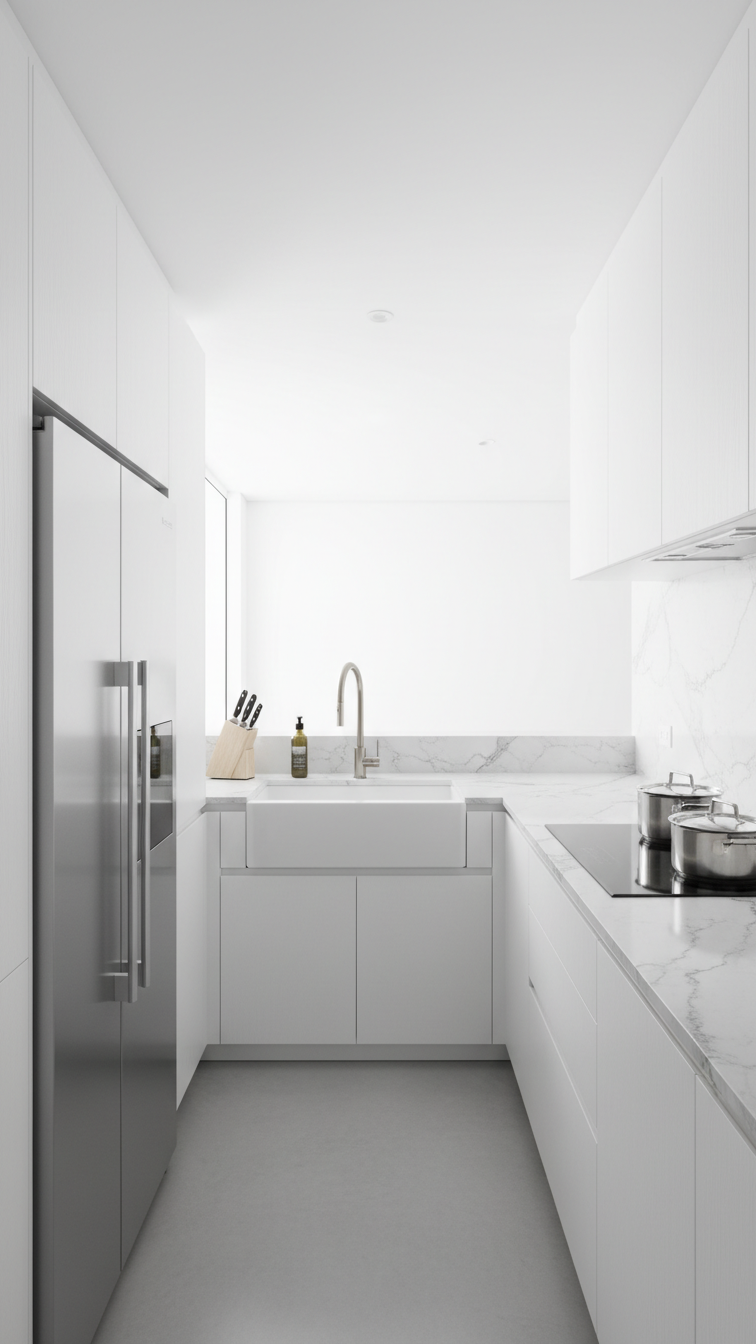 Modern U-shape kitchen with white handleless cabinets, metallic grays, and marble countertop, showcasing golden triangle workflow.