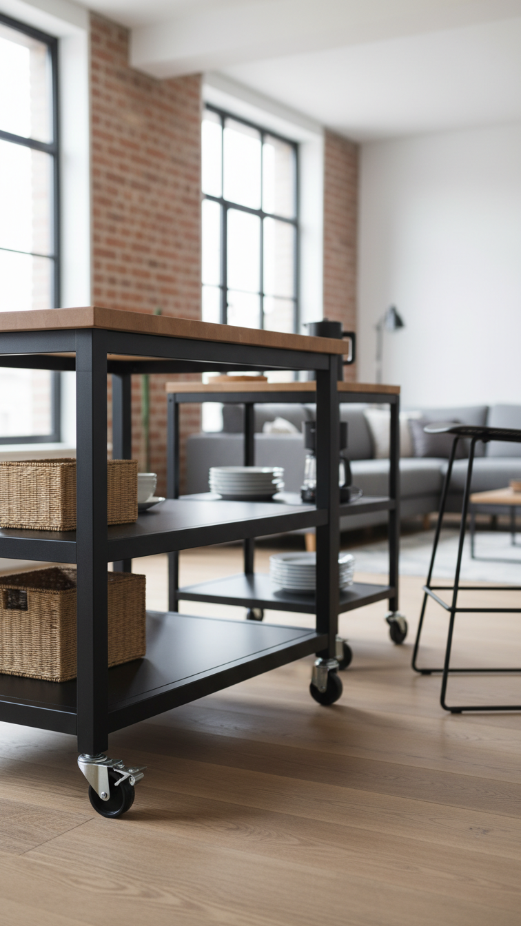 Modern apartment kitchen featuring a modular rolling island with matte black metal and warm wood, on a natural wood floor.