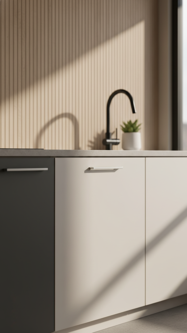 Modern apartment kitchen featuring seamless integrated appliances, hidden dishwasher, custom cabinetry, and sleek faucet.