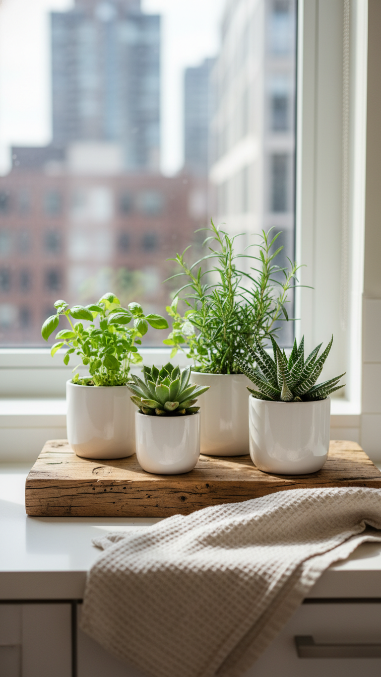 Modern apartment kitchen with biophilic design: natural wood accents, a small herb garden, and succulents on a rustic table.