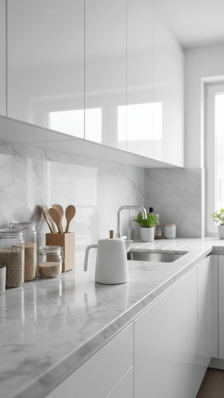 Modern apartment kitchen with monochromatic glossy white cabinets, pale countertops, and a seamless light backsplash under natural light.