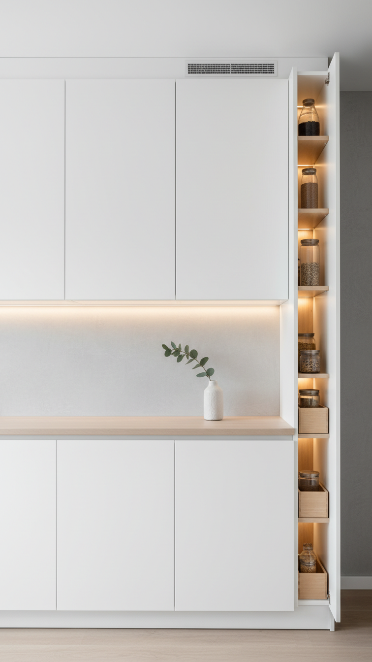 Modern apartment kitchen with seamless, handleless, matte white floor-to-ceiling custom cabinetry and hidden pull-out pantry storage.