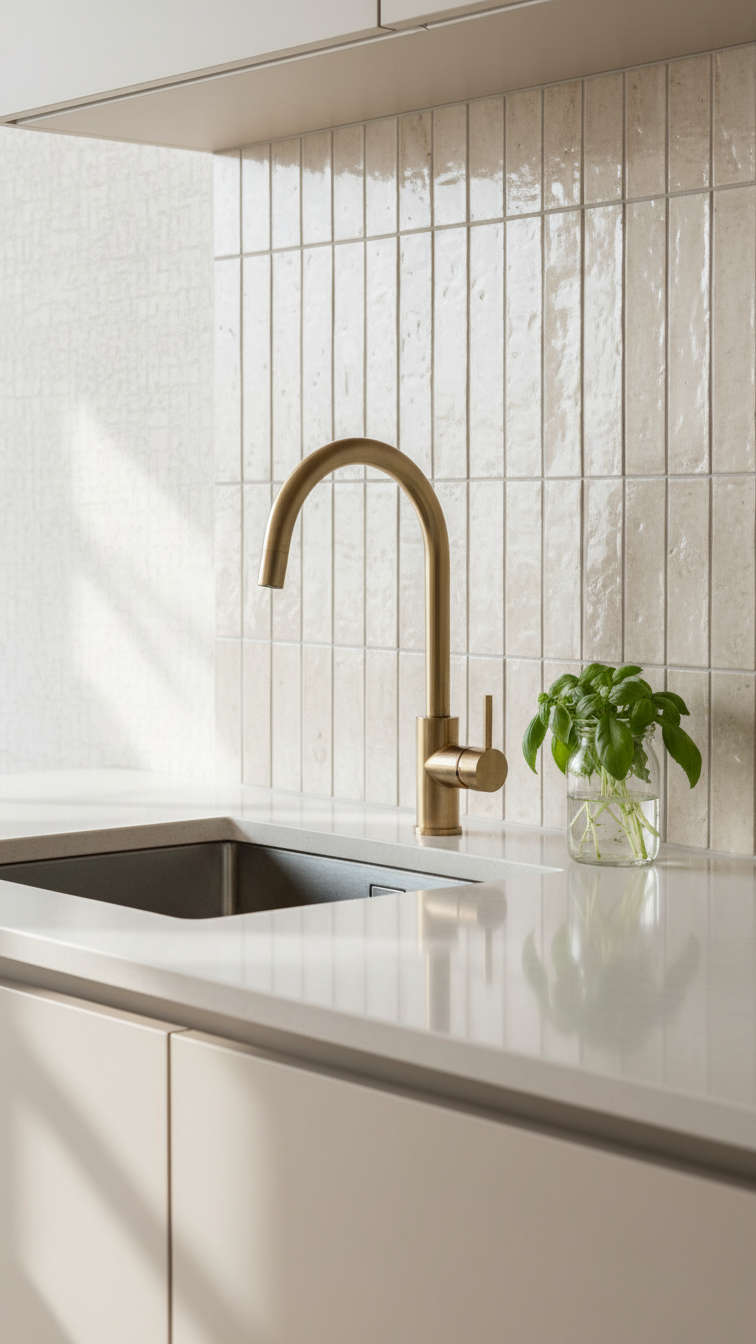Modern beige kitchen backsplash: vertical stacked rectangular tiles with subtle textures, muted finishes, brass faucet.