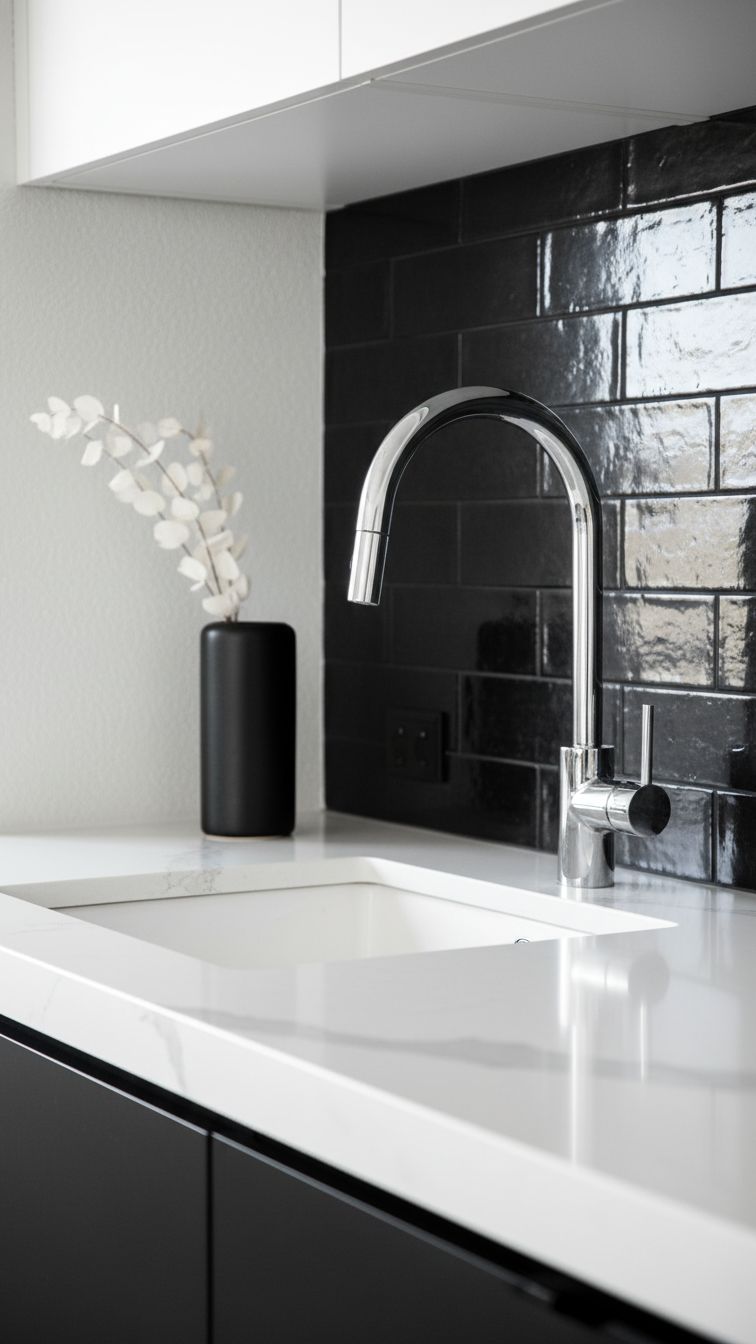 Modern black and white kitchen with white quartz countertop, black subway tile backsplash, black vase, chrome faucet. Clean design detail.