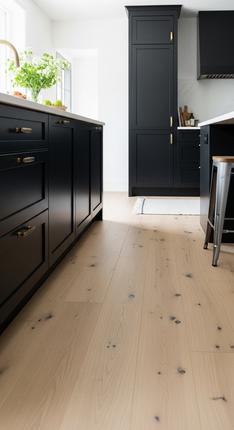 Modern black kitchen featuring deep matte black cabinets seamlessly transitioning to light natural oak wood plank flooring with a rug and stool.