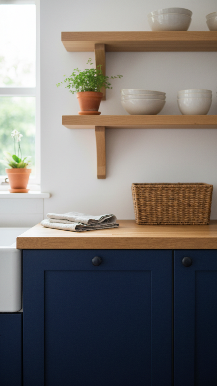 Modern blue kitchen with indigo lower cabinets, light oak open shelving, butcher block countertop, and terracotta plant.