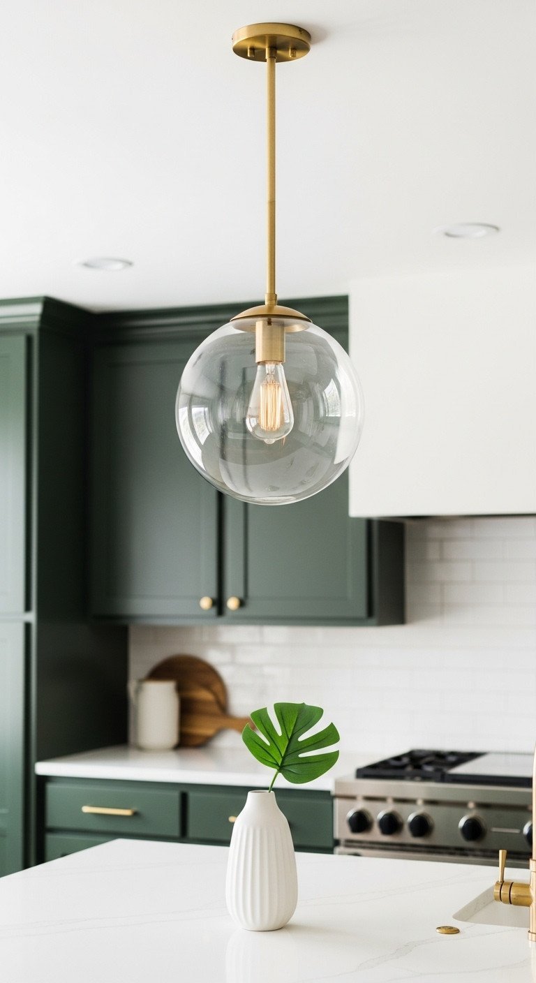 Modern brass and glass globe pendant light with a glowing Edison bulb hanging over a white quartz kitchen island in a green kitchen.