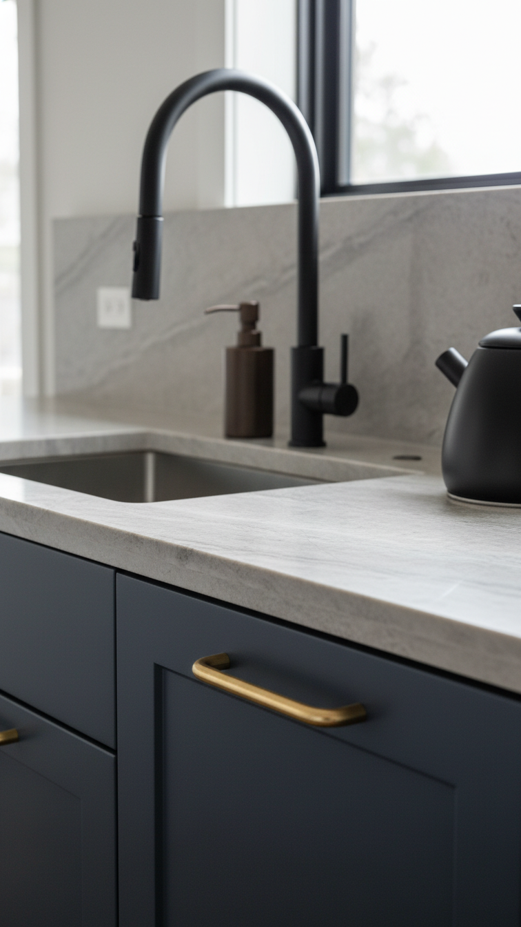 Modern brass cabinet pull next to matte black faucet on blue-gray cabinet, showcasing stylish mixed metal kitchen hardware trend.