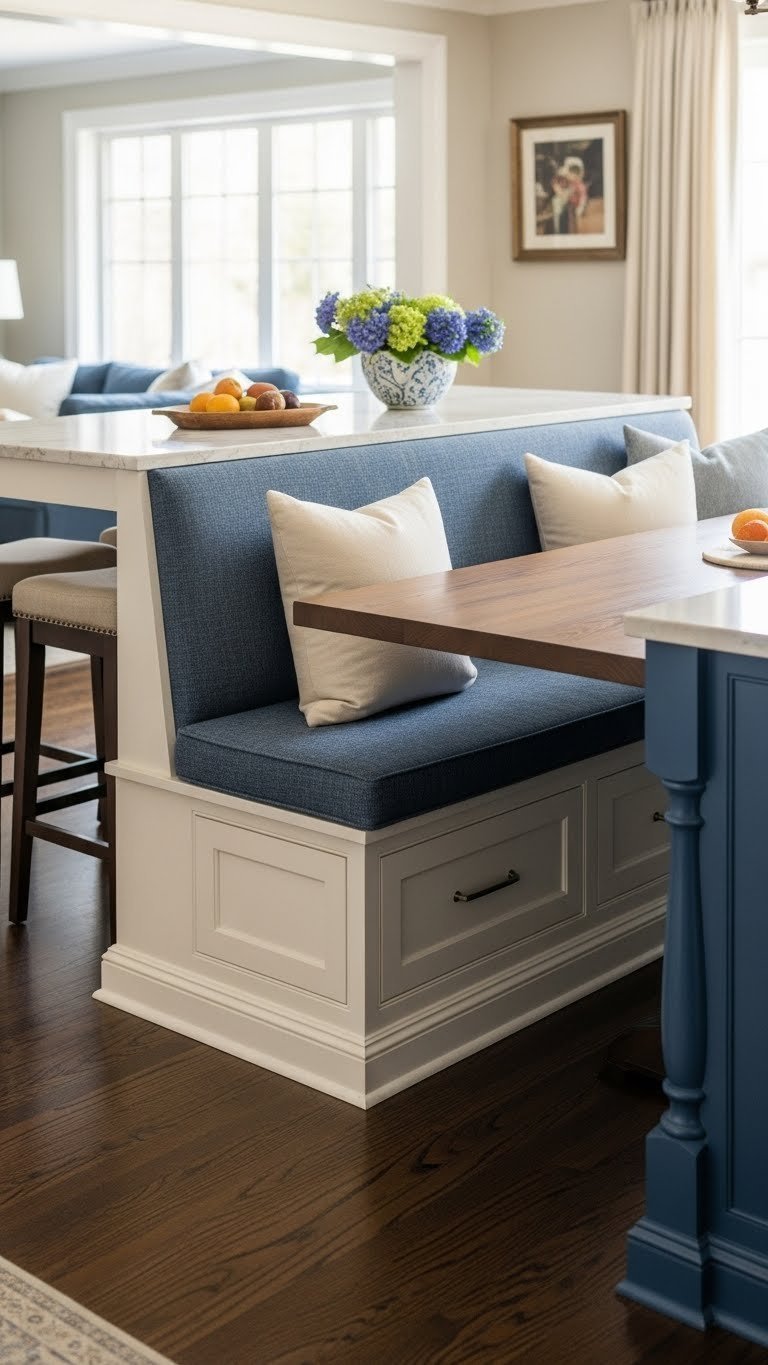 Modern built-in kitchen island with integrated bench seating. Upholstered banquette, custom cabinetry, dark hardwood floor.