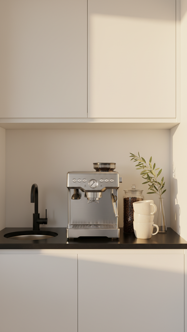 Modern butler's pantry coffee station with built-in machine, prep sink, black countertop, and ceramic mugs. Elegant kitchen coffee bar design.