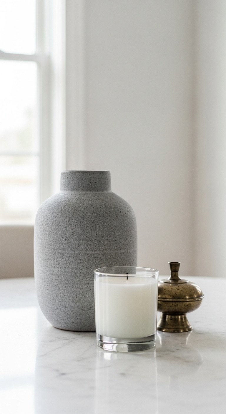 Modern centerpiece on a white marble table featuring a gray ceramic vase, a white candle, and a decorative brass object.