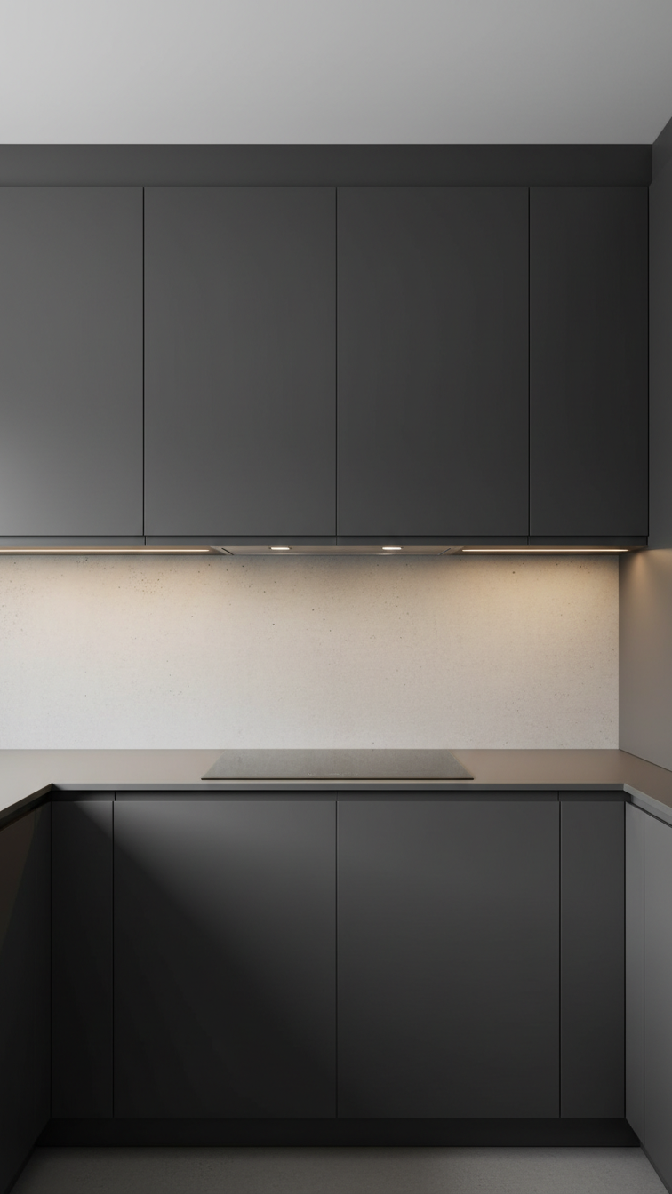 Modern charcoal gray handleless kitchen cabinetry, floor-to-ceiling, with clean lines, push-to-open design, integrated cooktop.