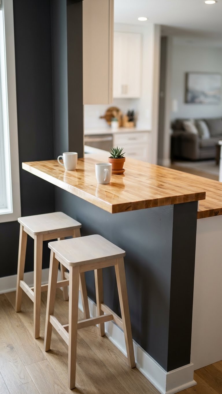 Modern charcoal gray kitchen half wall, glossy butcher block breakfast bar, two stools. White oak floor, coffee mugs, natural light.