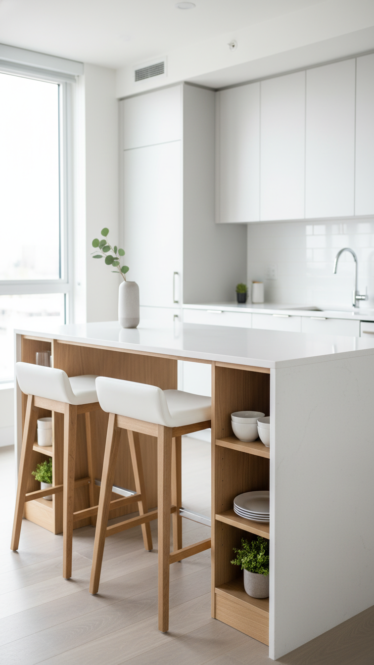 Modern compact kitchen with functional multi-purpose peninsula, two bar stools, and internal storage, optimizing space.