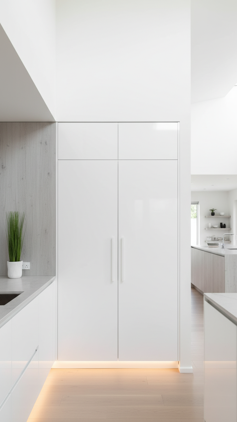 Modern compact kitchen with sleek handleless white and light gray floor-to-ceiling cabinets, maximizing vertical storage space.