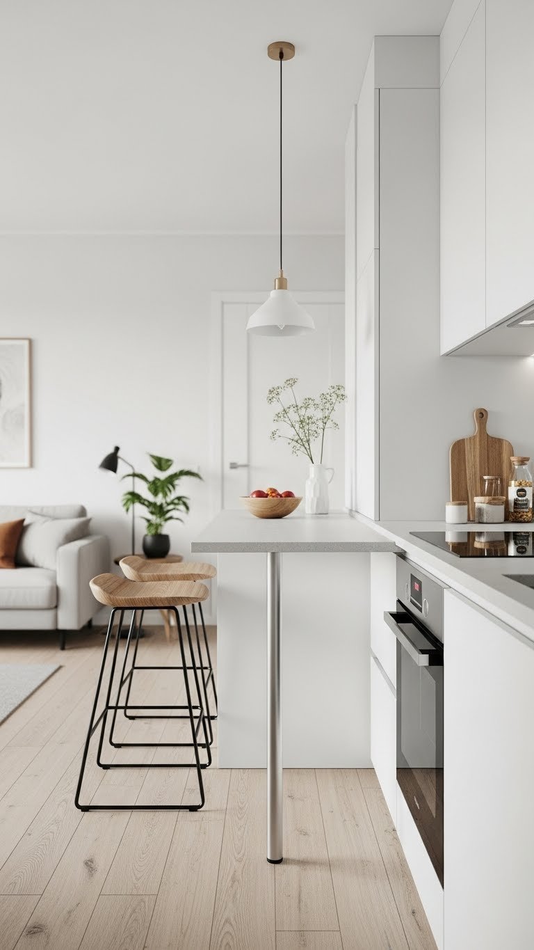 Modern compact linear open kitchen and living room with sleek island, white cabinets, and pendant light on light wood floor. Minimalist design.