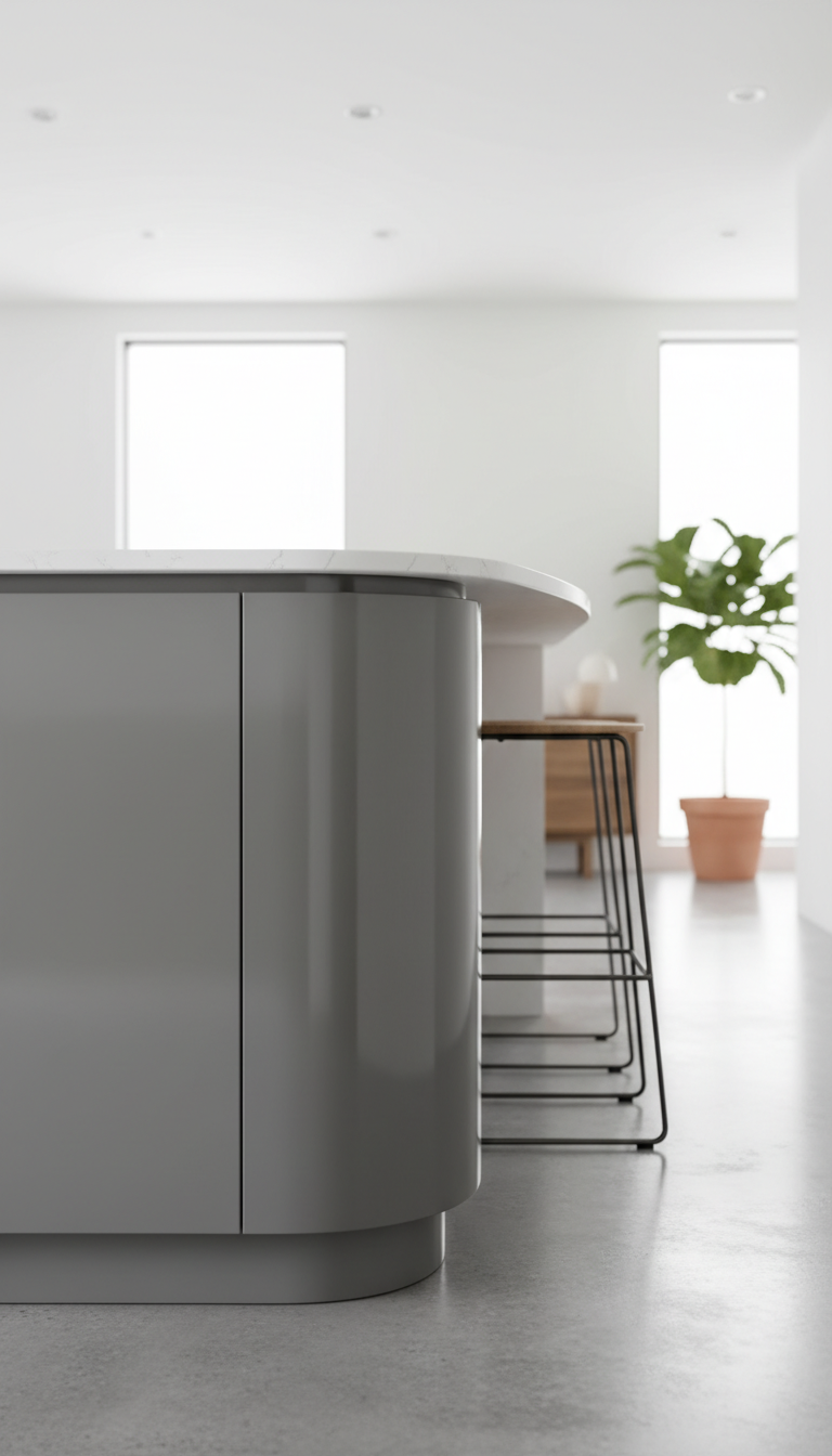 Modern curved kitchen island with white quartz waterfall, matte gray cabinets, minimalist stools, concrete floor, elegant design.