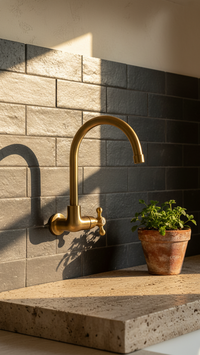 Modern dark grey kitchen backsplash, subway tile or concrete slab, accented with a gleaming brass pot filler and a plant.