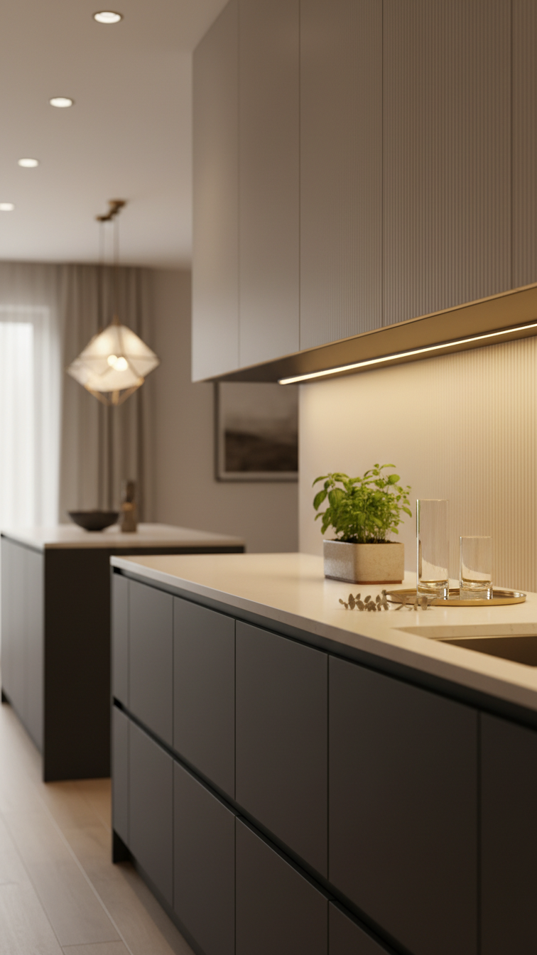 Modern dark grey kitchen with layered lighting: under-cabinet, recessed, and sculptural pendant light over a sleek countertop.