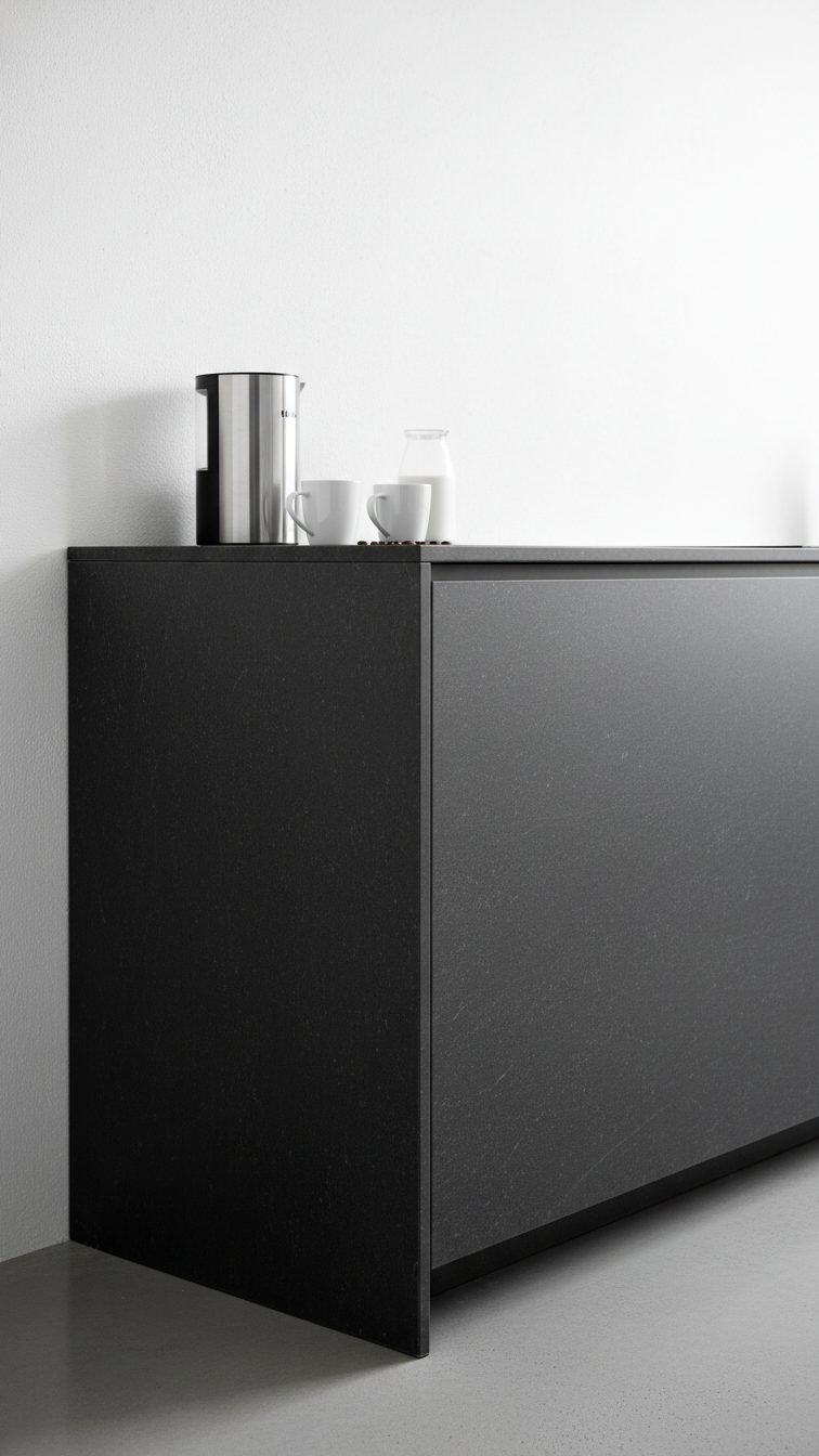 Modern dark sintered stone kitchen countertops with seamless surface, minimalist design. Stainless steel coffee maker against white walls.