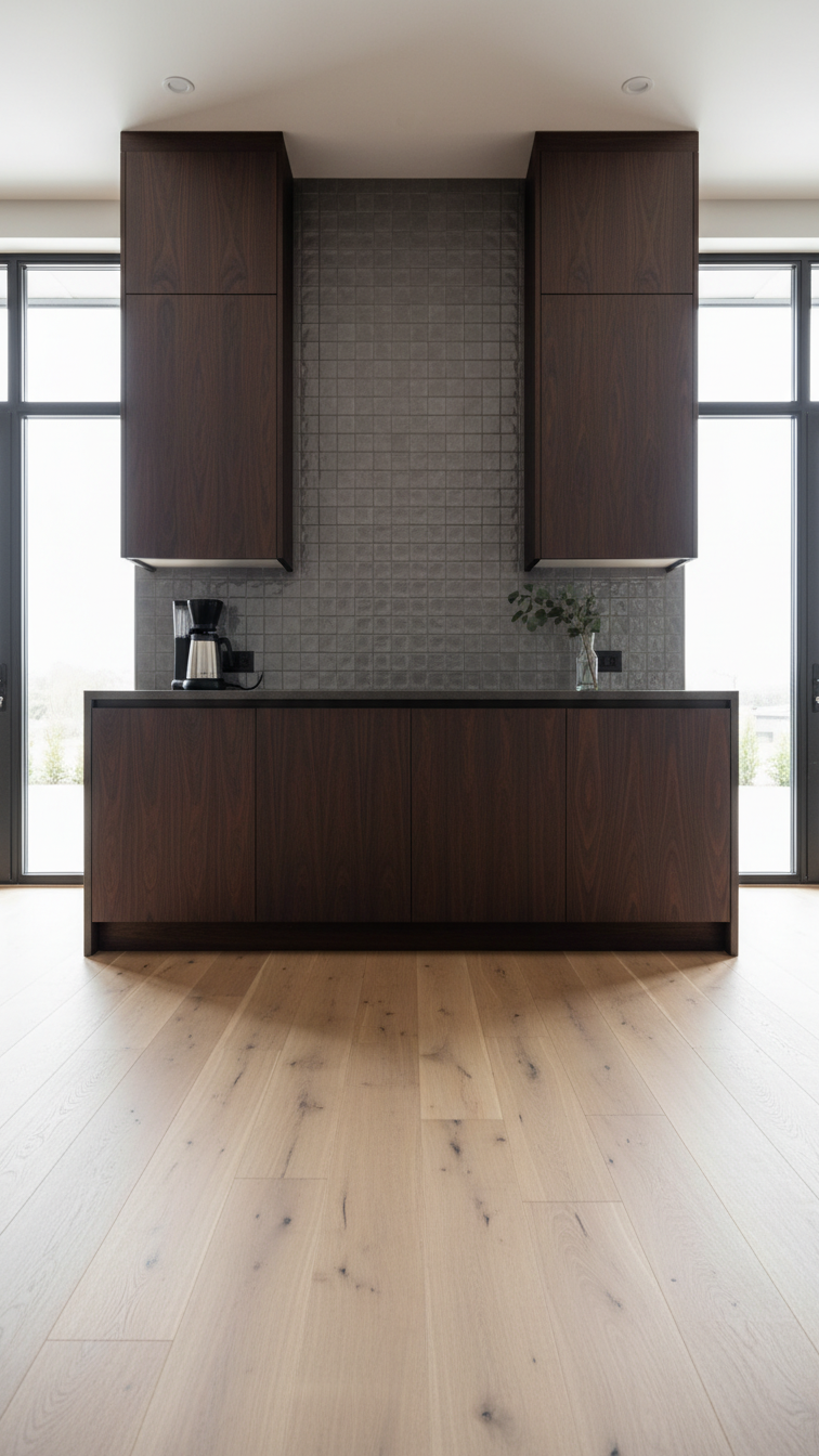 Modern dark walnut kitchen wall with floor-to-ceiling grey tile backsplash, light oak flooring, stainless coffee maker.