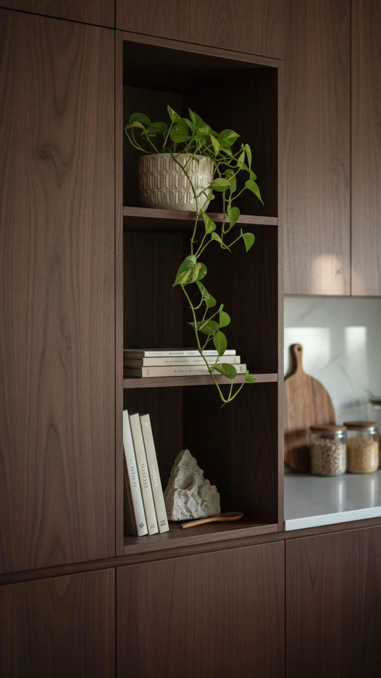 Modern dark walnut open kitchen shelf with green trailing plant in ceramic planter, minimalist cookbooks, natural stone.
