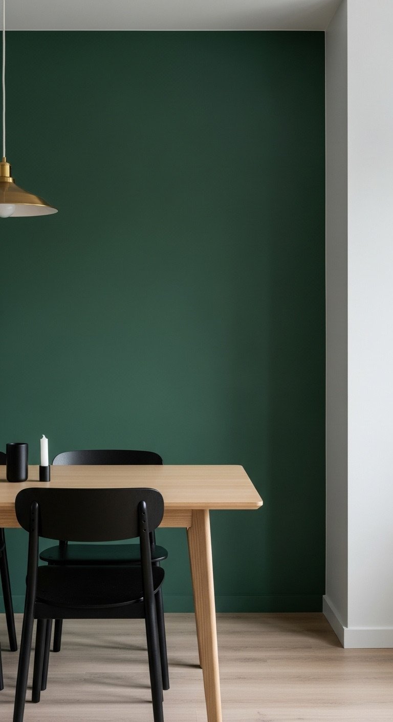 Modern dining area featuring a moody forest green accent wall, a light wood table with black chairs, and a brass pendant light.