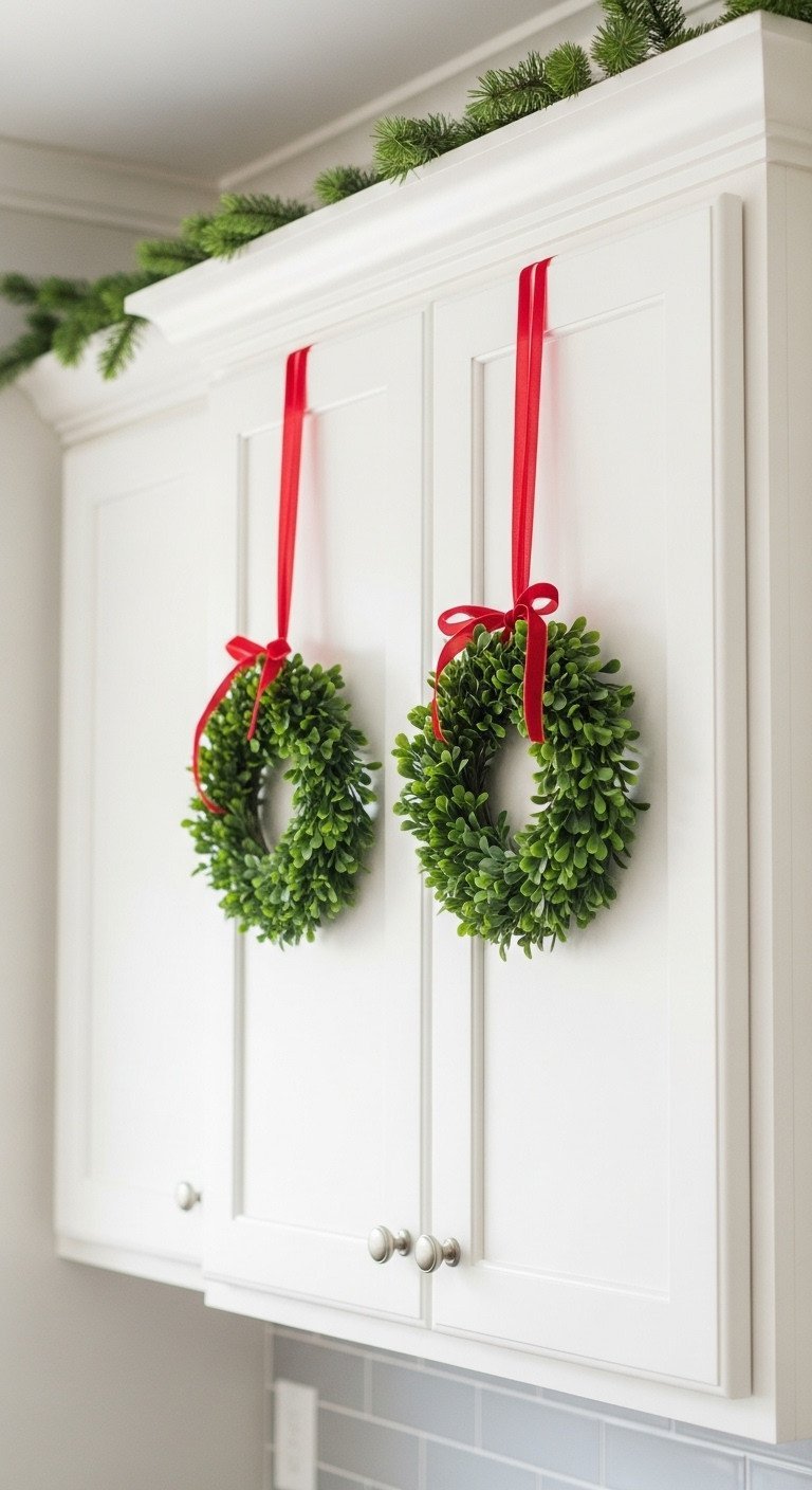 Modern farmhouse Christmas kitchen decor: small faux boxwood wreaths with red velvet ribbons on white shaker cabinets, subtle green garland.
