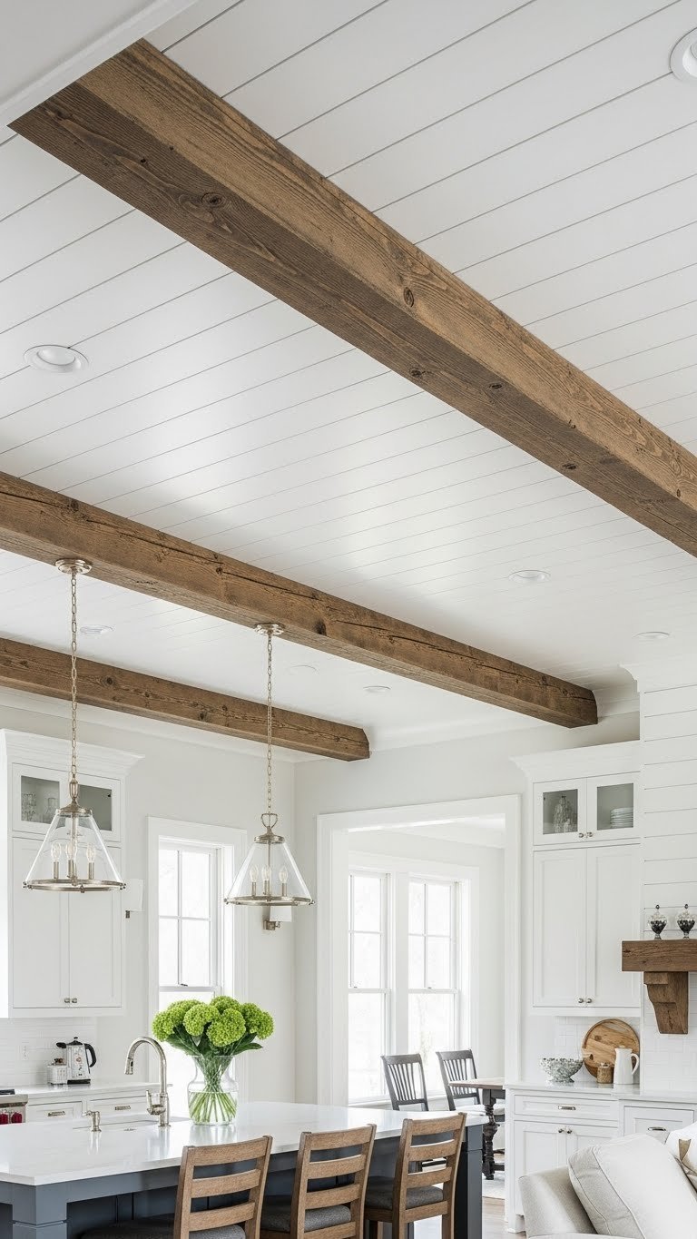 Modern farmhouse great room with exposed dark wood beams, bright white shiplap ceilings, unifying kitchen & living room.