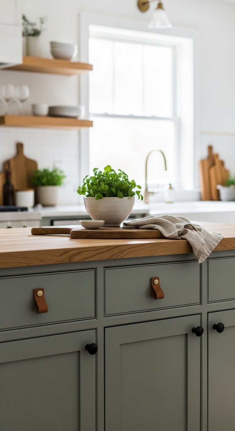 Modern farmhouse kitchen features earthy sage green cabinets, butcher block countertop, leather pulls, fresh herbs. Serene style.