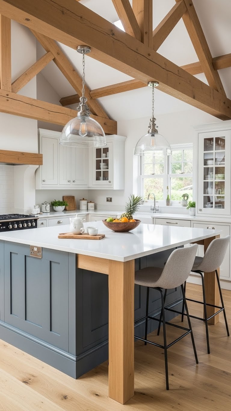 Modern farmhouse kitchen island with white quartz countertop, integrated seating, sleek bar stools, exposed wood beams.