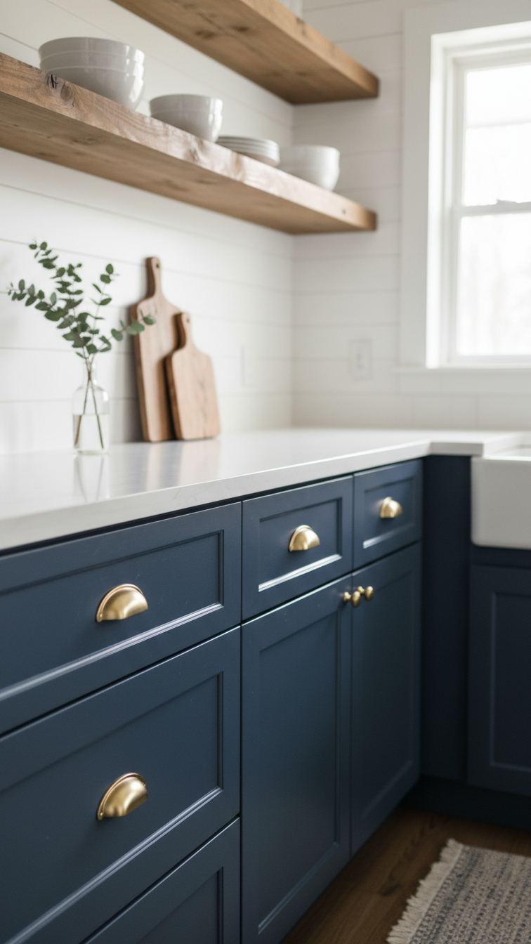 Modern farmhouse kitchen with moody deep blue shaker cabinets, brushed gold cup pulls, rustic wooden floating shelf, white shiplap walls, and elegant decor.