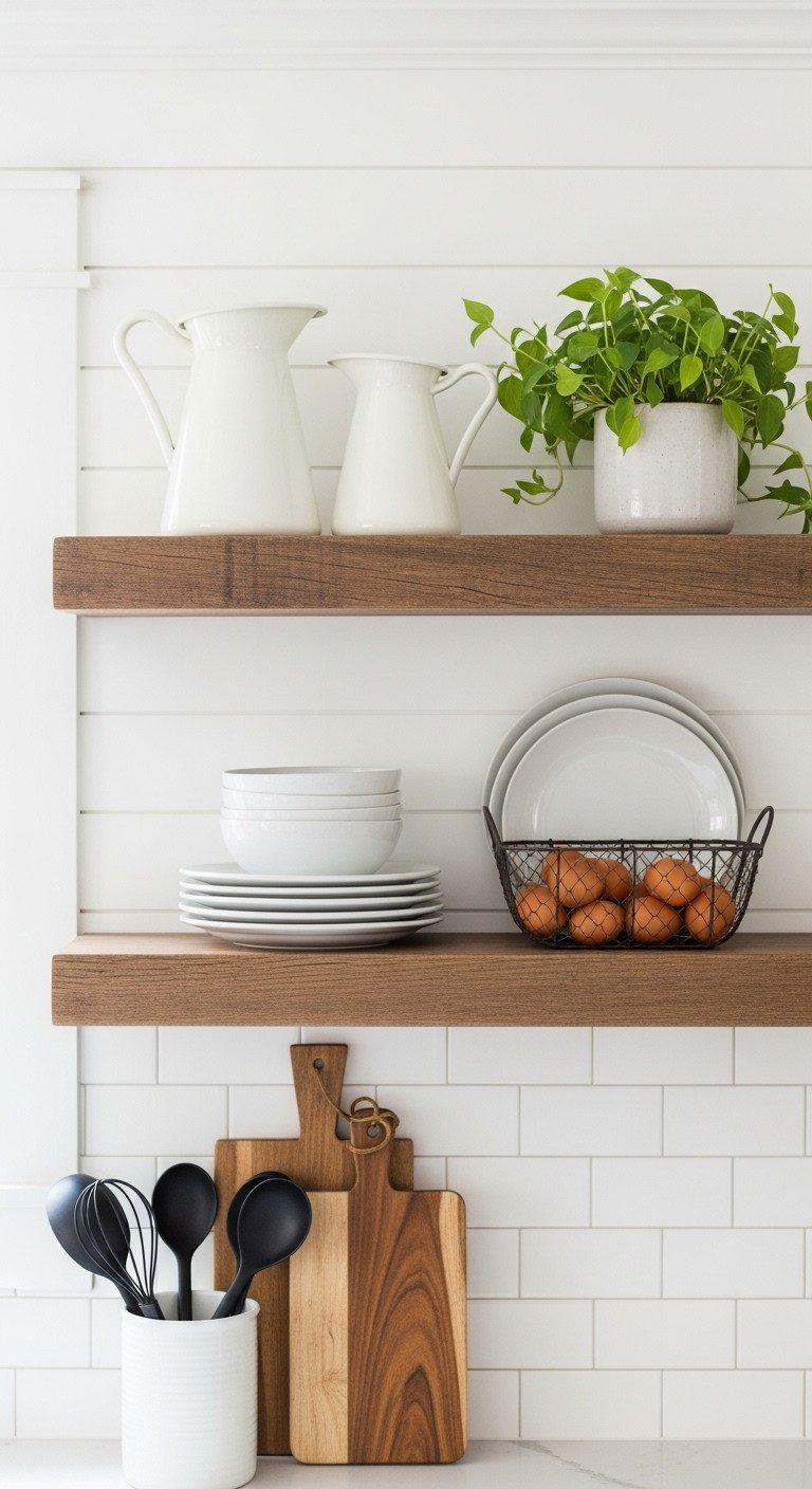 Modern farmhouse kitchen with reclaimed wood floating shelves on a white shiplap wall, styled with white ceramic pitchers.
