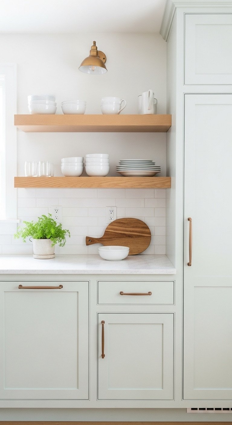 Gorgeous Green And Brown Kitchen Ideas That Wont Look Dark 1 Modern farmhouse kitchen with sage green shaker cabinets, bronze pulls, and a light oak shelf styled with white dishes.