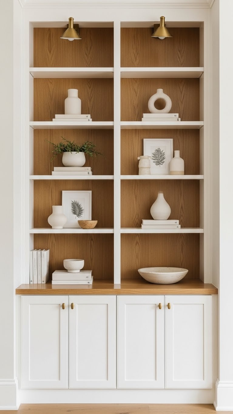 Modern farmhouse living room with built-in bookshelves, closed cabinetry, curated decor, and natural wood accents.