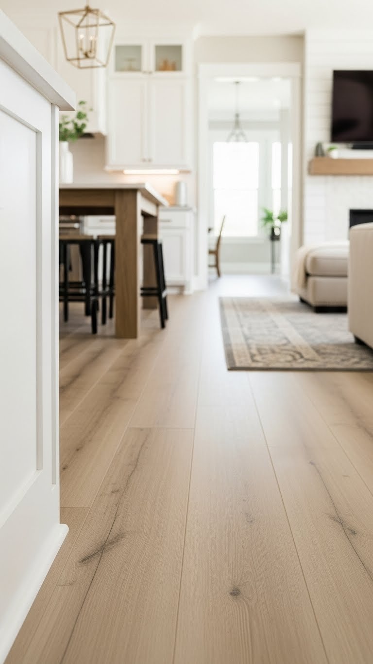 Modern farmhouse open concept kitchen and living room with white cabinetry, large island, sectional sofa, and textured area rug on wood flooring.